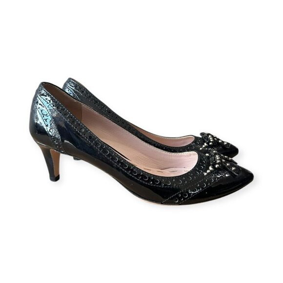 Miu Miu Black Patent Pumps with Studded Bow with perfs, Size 38.5 EU - Picture 7 of 14